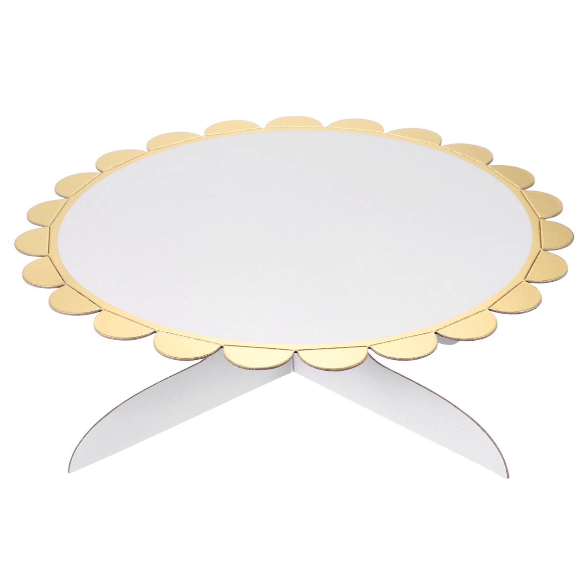 A round white cardboard cake stand with a scalloped gold edge and a white pedestal stand, shown on a solid white background
