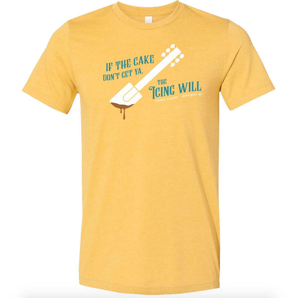 Yellow Shirt with Spatula Graphic and Text if they cake don't get ya the icing will