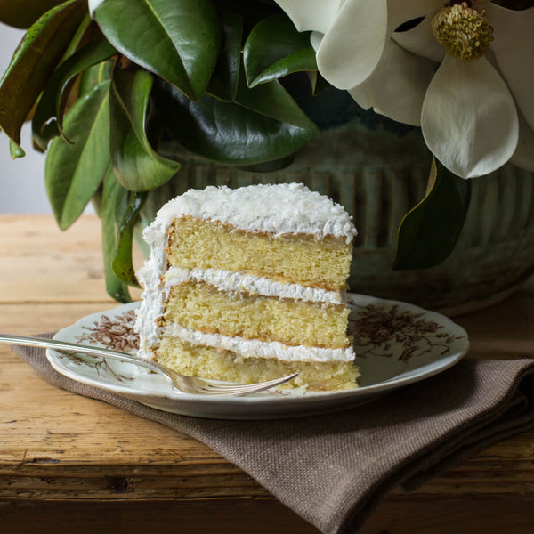 Slice of coconut cake on a plate next to a plant