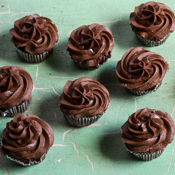Chocolate cupcakes on a teal countertop