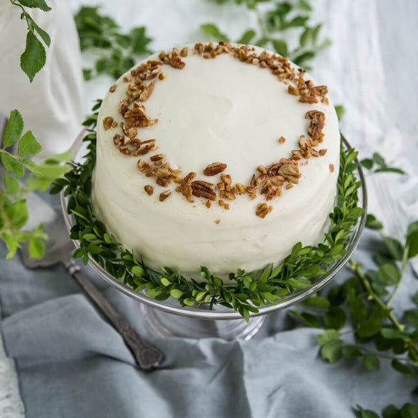 Italian cream cake on a tray with green plants 