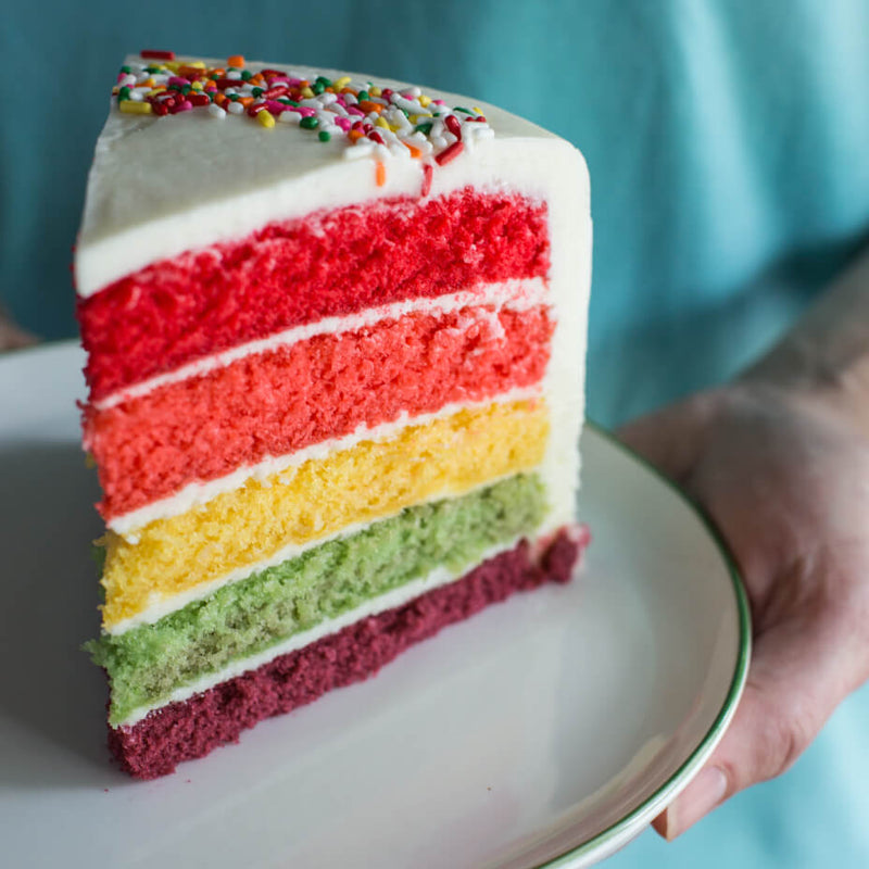 A person holding a slice of rainbow cake on a plate