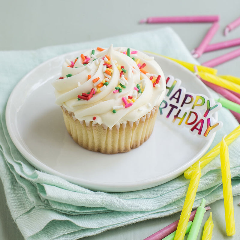 Vanilla cupcake with rainbow sprinkles on a plate next to birthday candles and a happy birthday sign