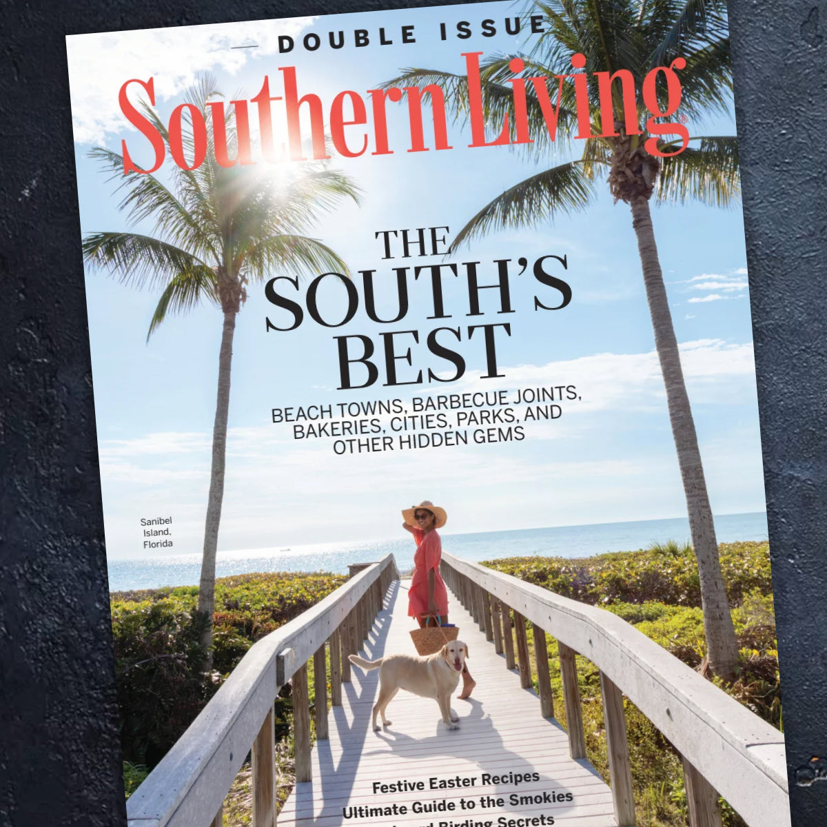 Southern Living Magazine double issue cover features a tropical beach scene with palm trees and boasts the headline 'The South's Best Beach Towns, Bakeries ... and Other Hidden Gems"