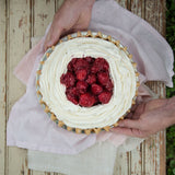 Strawberry pie on rustic picnic table top down