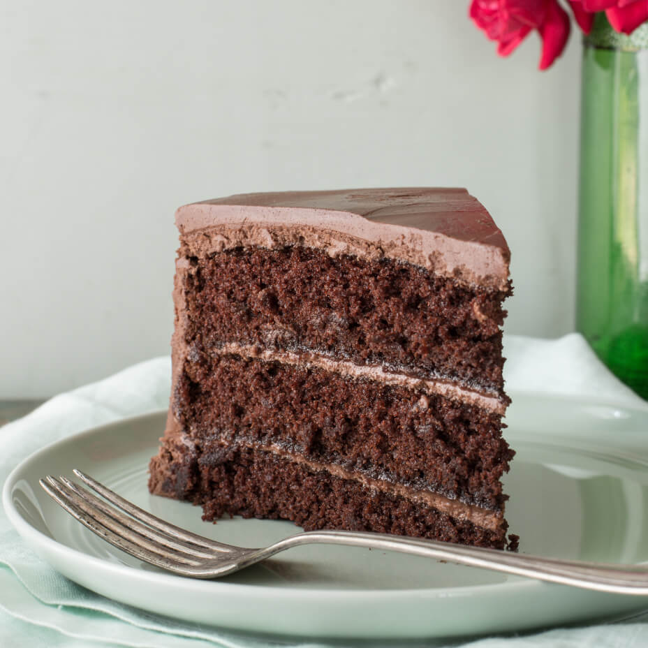 Slice of chocolate cake on a plate next to a green vase with red roses