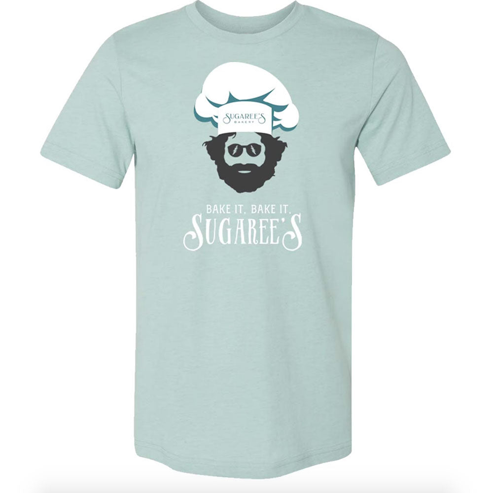 Blue shirt with man with beard and sunglasses with bake it bake it text