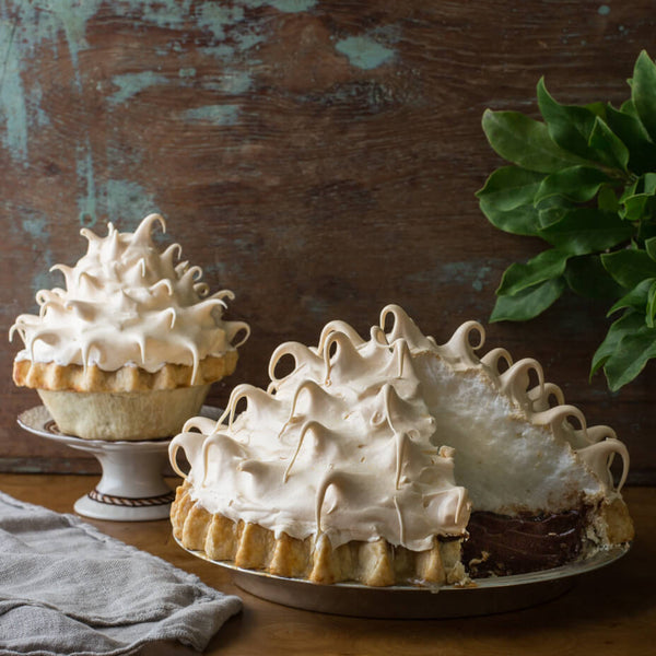 A small and large chocolate meringue pie on trays next to a plant