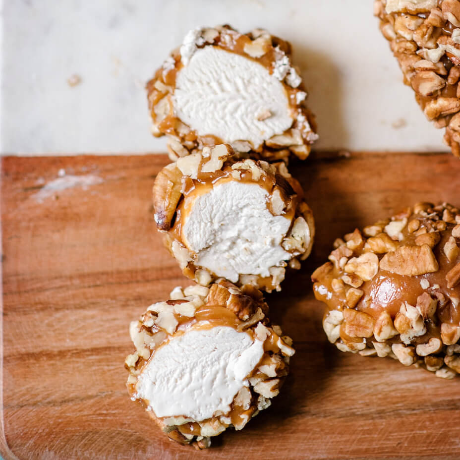 Close up on a sliced pecan log